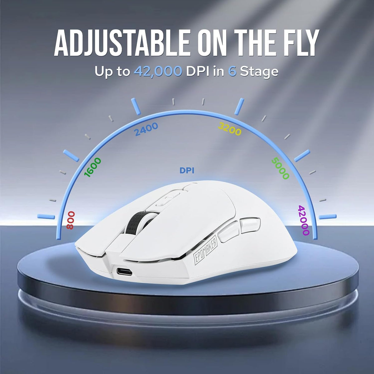 EPOMAKER Click Gaming Mouse Wireless 2.4Ghz/BT/Type-C, 800 to 42,000 DPI Adjustable, 8K Polling Rate, 500mAh, Lightweight Optical Mouse, for PC/Mac/Linux (White)