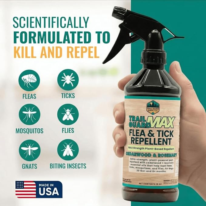 Trail Guard MAX - Natural Extra Strength Insect, Flea and Tick Spray for Dogs, Cats, People & Home (16oz MAX Strength, Cedarwood & Rosemary)