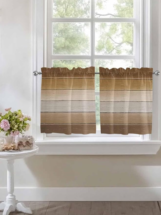 Vintage Brown Gradient Wood Grain Window Valance Curtains, Farmhouse Wood Barn