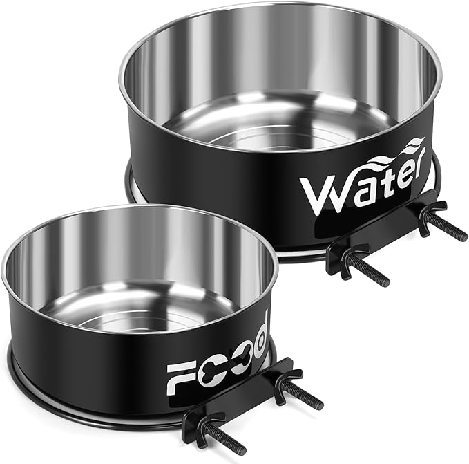 2 Pcs Large Pet Dog Food and Water Bowl Set for Cage, Stainless Steel Non-Spill Kennel Hanging Cats Pets Bowls Crate Feeder Dish with Clamp Holder for Medium Large Dogs Pets (6.3x2.3'' & 7.1x2.5'')