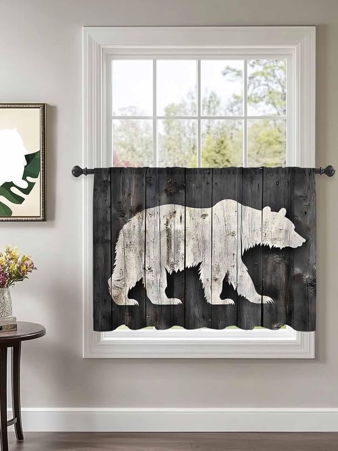 Sheer Curtains 45 Inch Length, Farmhouse Country Rustic Wooden Grain Privacy