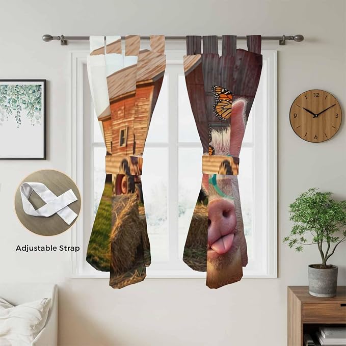 Farm Pig Bathroom Curtains 63 Inch Length, Window Curtains Tab Top, Farmhouse