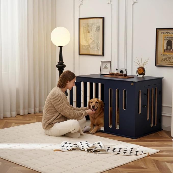 Elegant Heavy-Duty Dog Crate Furniture for Large Dogs - 40-inch Blue Multi-Layer Solid Wood tv Stand with 2 Quick-Release Doors, Stylish Indoor Dog Kennel or cage