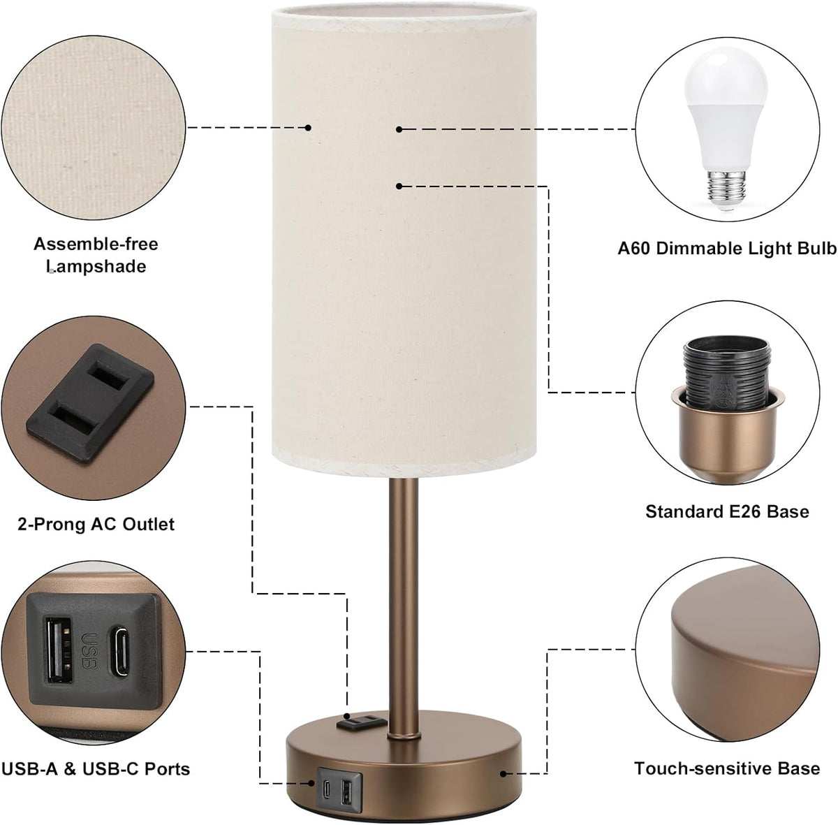 Fenmzee 17.4" Brown Lamp for Bedroom - Dimmable Touch, USB A+C, AC Outlet
