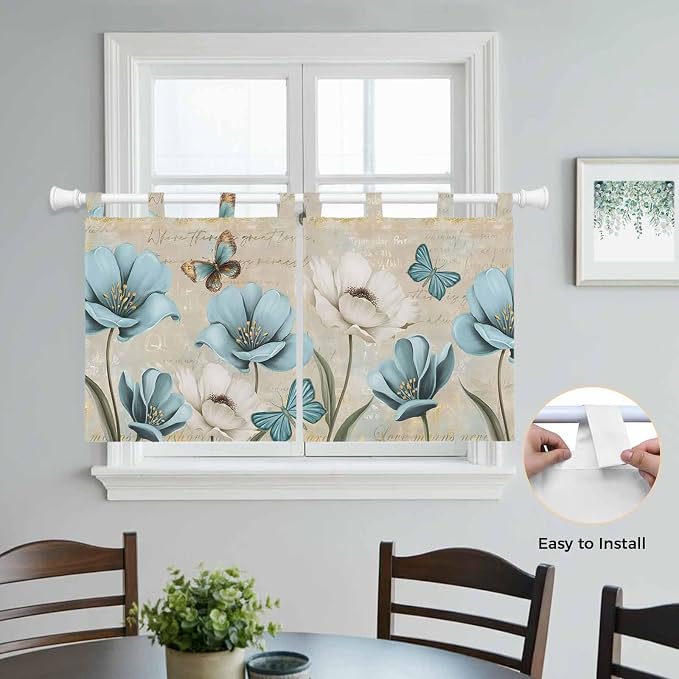 Spring Flowers Kitchen Curtains 24 Inch Length, Small Window Curtains Tab Top