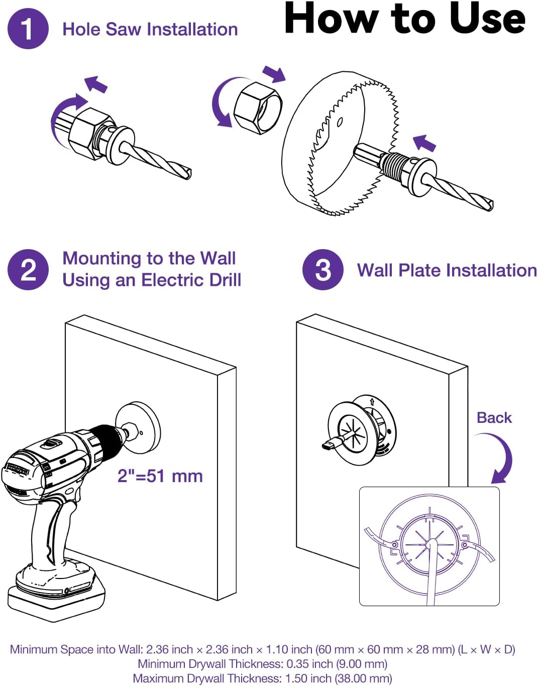 VCELINK in-Wall Cable Management Kit, 2.44" (62 mm) Mini Wall Cord Hider for TV/Coaxial/HDMI/Speaker Cords, Includes 2 Pass Throughs, Locking Brackets and Hole Saw Drill Attachment (Pack of 4)