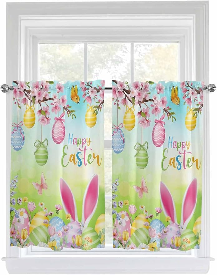 Easter Tier Curtains 45 Inches Long, Spring Bunny Colorful Rabbit Eggs