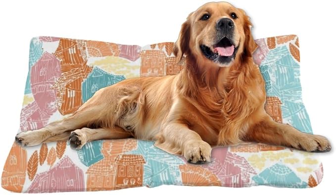 Coloful Village Scene Modern Dog Bed Easy to Clean Dog Mats for Sleeping Pads Large Crate Pads Washable Non-Slip Bed for Small Crate Cute Mat Car Pillows Indoor Outdoor 36X24 Inch