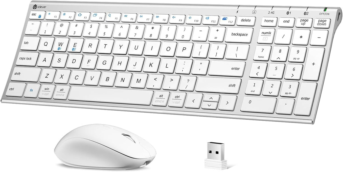iClever DK05 Bluetooth Wireless Keyboard and Mouse Combo, Silver White