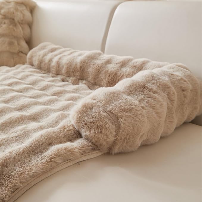 Calming Dog Bed Mat, Fluffy Fuzzy Couch Cover for Sofa, Winter Thickened Pet Mat with Anti-Slip Bottom Warm Soft Cushion Washable Pet Bed for Small Dogs and Cats (Khaki, 90x90cm/35.4x35.4in)