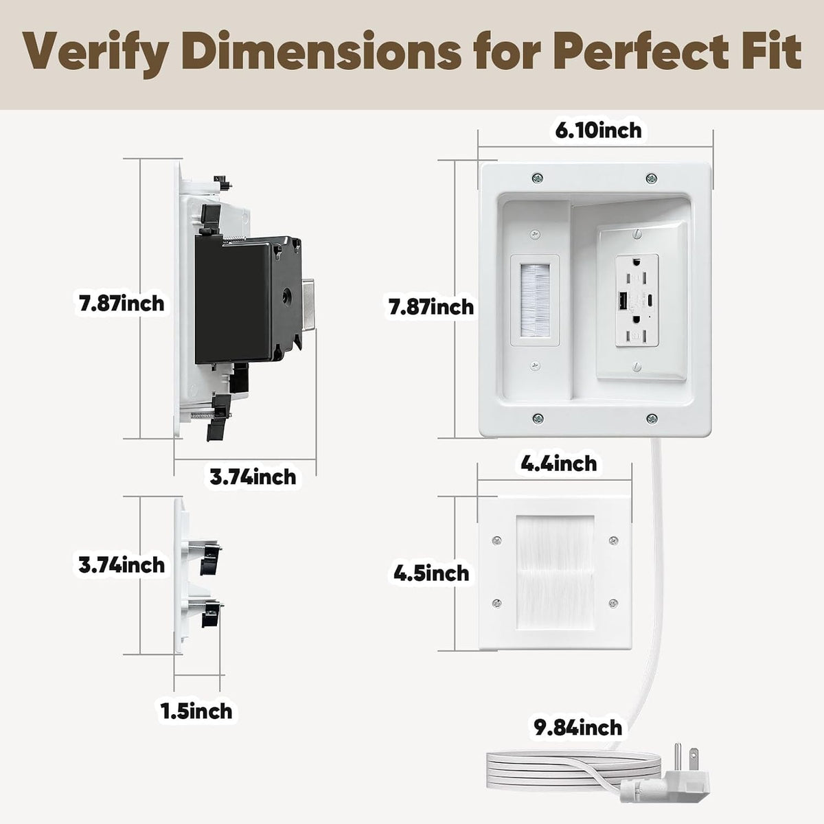 in Wall Cable Management Kit with Brush Wall Plate TV Cable Hider Wall Kit-UL Listed, 9.8FT Cord, Recessed AC Outlets Box with USB+USBC Port for Wall-Mounted TV and Home Theater
