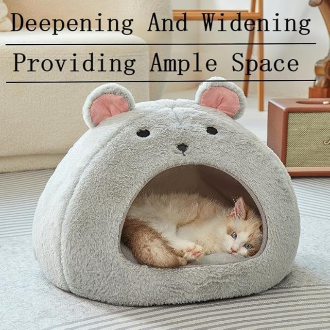 Cozy Mouse Ear Pet Cave Bed Ultra-Soft Gray Plush cave Bed, Cat Cave Beds Cat House Cat Tent with Removable Washable Cushioned Pillow, Cat Beds&Dog Beds,Perfect for Small & Medium Pets