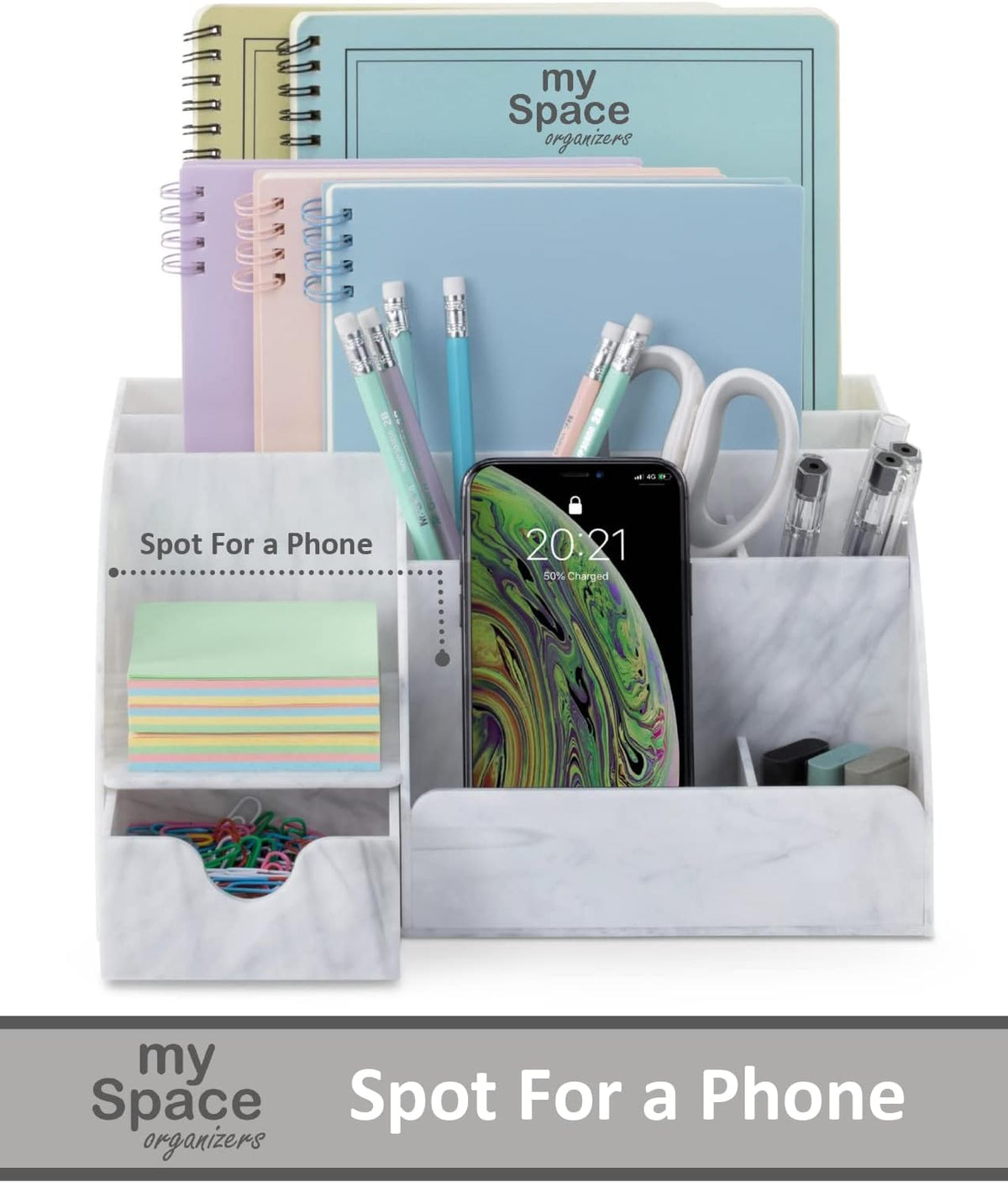 My Space Organizers Marble Desk Organizer For Office Supplies And Accessories - 9 Sections - Pencil Pen Holder Storage - Desktop Organization Decor Essentials (White Grey Marble)