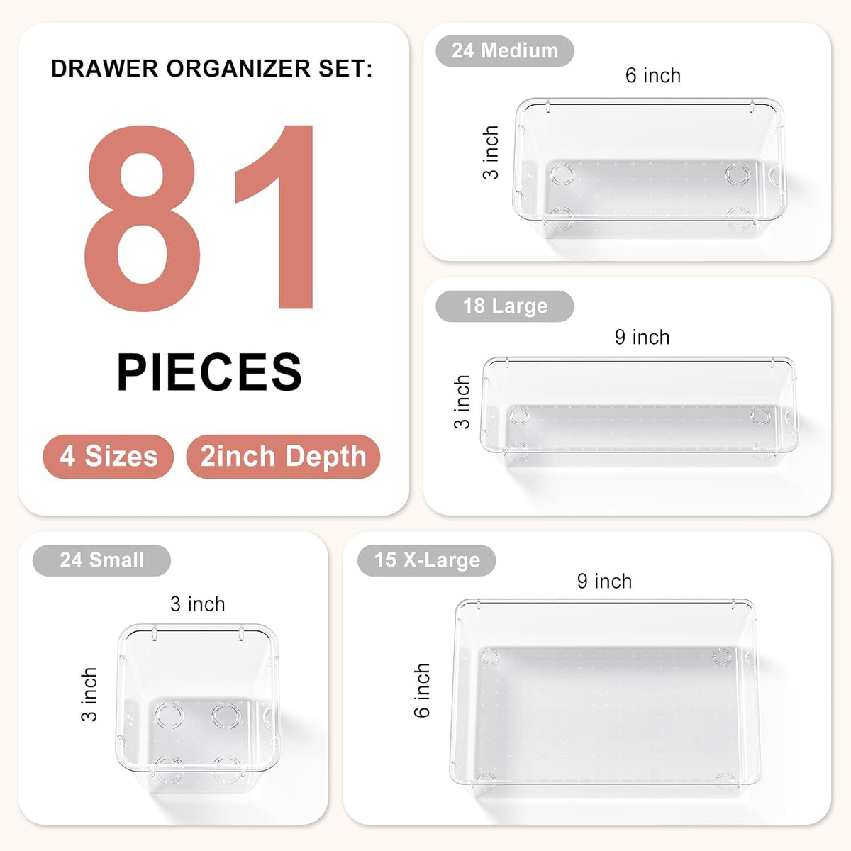 81 PCS Clear Plastic Drawer Organizer Set 4 Sizes Desk Divider Storage Bin