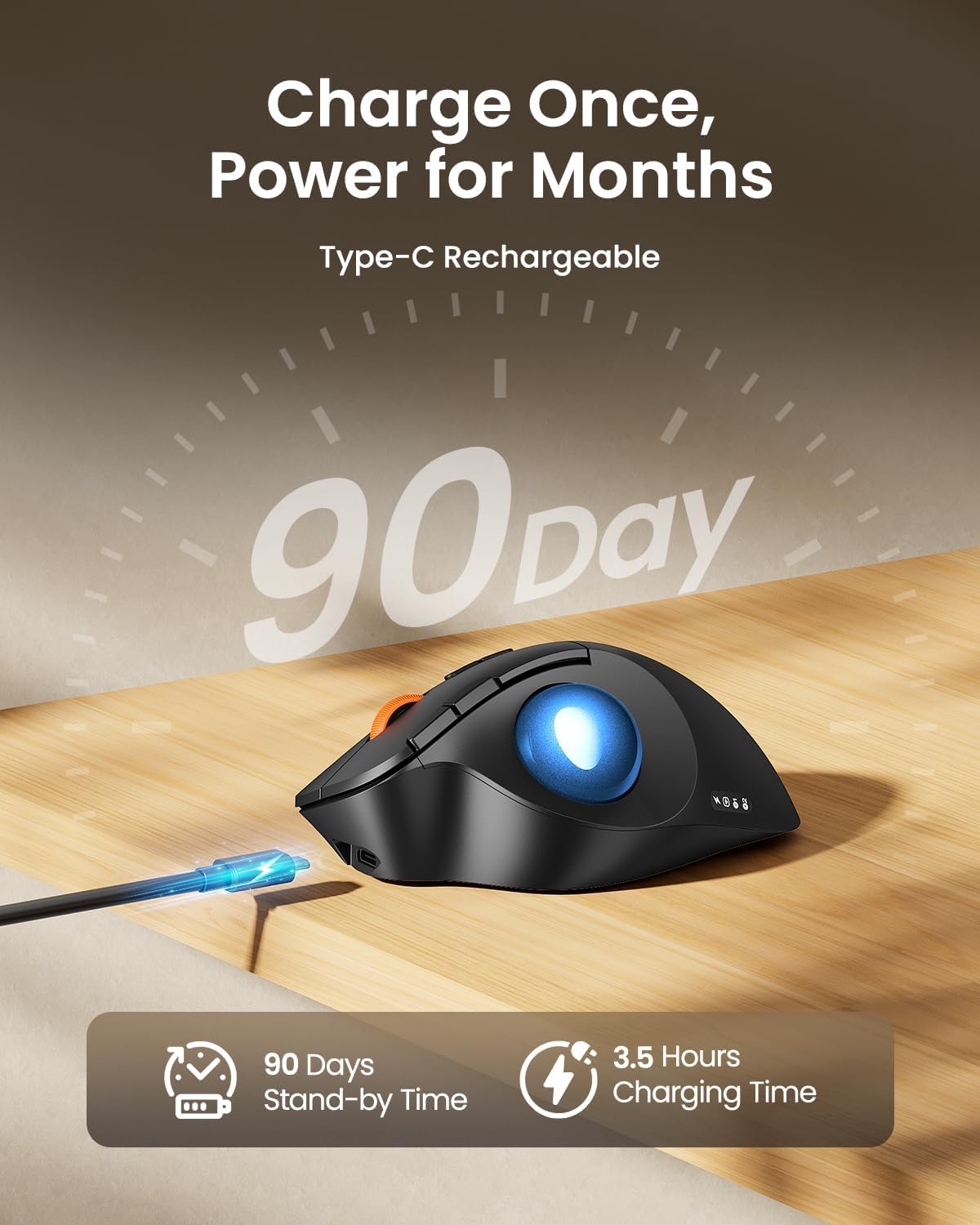 ProtoArc EM02 Wireless Trackball Mouse, 0/15° Adjustable Angle, Blue