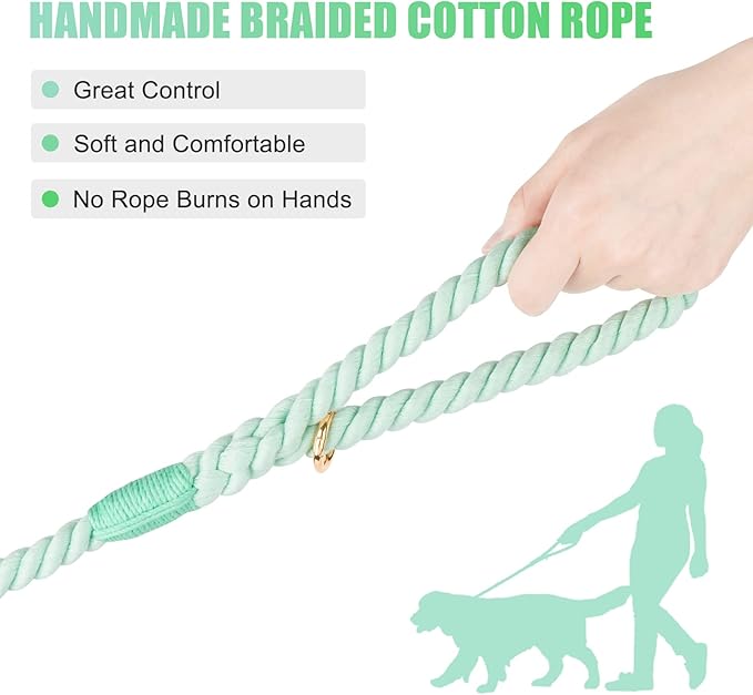 Dog Leash 6 FT Handmade Braided Cotton Rope Leashes for Small Medium and Large Dogs, New Golden Heavy Duty Metal Clasp, Light Green