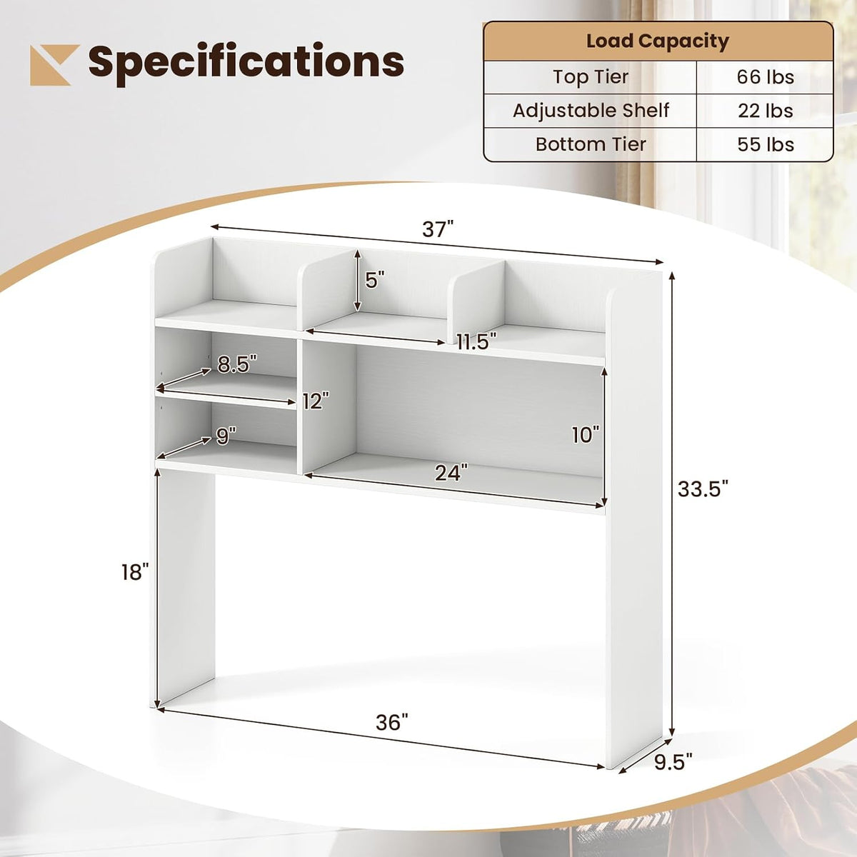 GIANTEX Desktop Bookshelf, 37" Desk Hutch Dorm for Computer Up to 32 Inch, Countertop Hutch w/6 Storage Shelves, 3-Tier Desktop Organizer Display Rack, Wood Desk Shelf for Home Office (White)