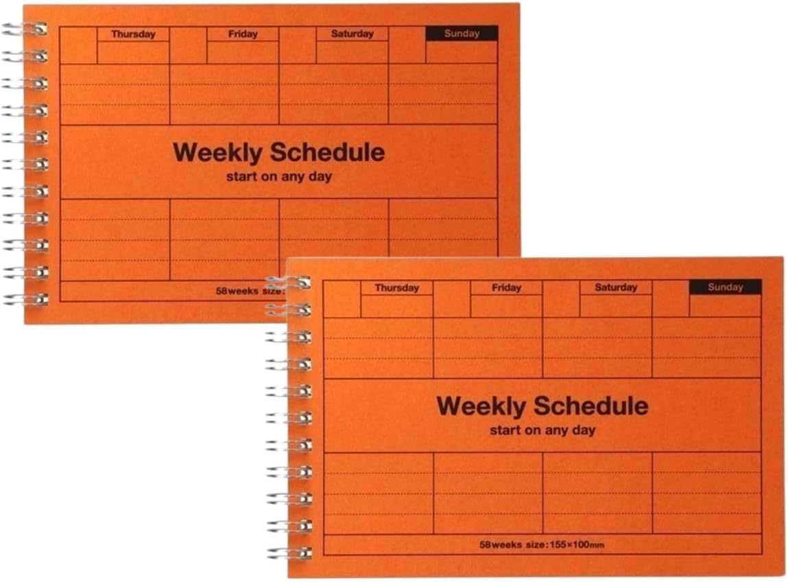 MARK'STYLE Undated Weekly Planner A6, 2-Pack – 58-Week Horizontal Pocket Size Scheduler with Monthly Overview & To-Do List for Desk, Office, or Study Use (Orange)
