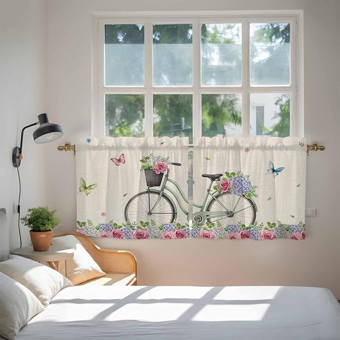 Farmhouse Spring Tier Curtains, Retro Bicycles Flowers Vines Butterfly Light