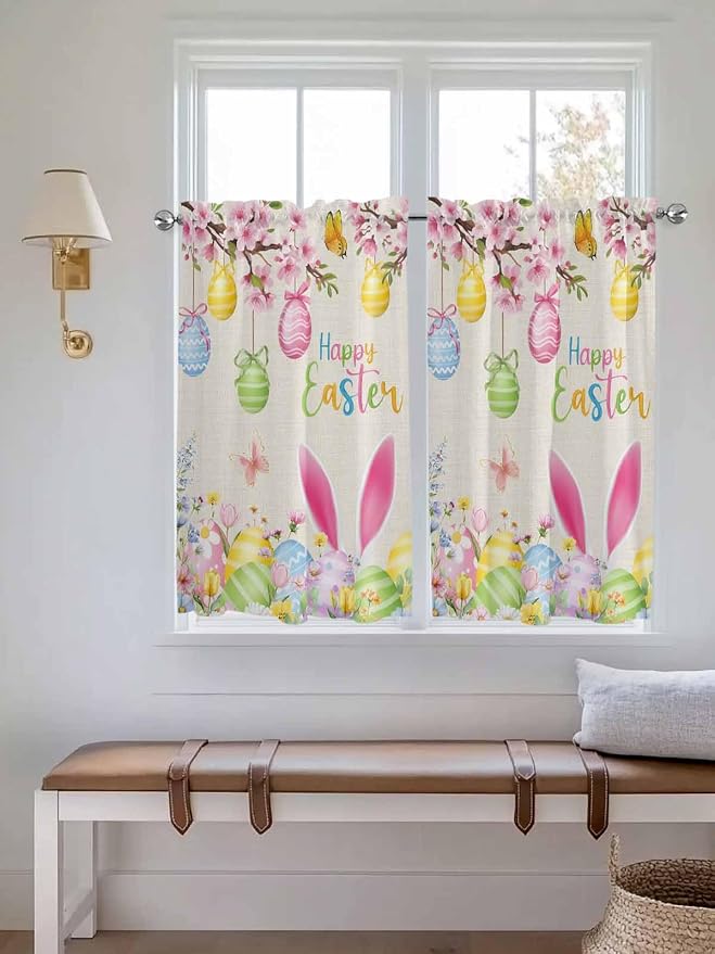 Happy Easter Kitchen Curtains 54 Inches Length, Spring Farmhouse Bunny Eggs