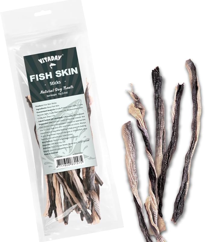 VITADAY Dog Jerky, 100% Fish Skin Dog Treats, Tough Grain-Free Rawhide Alternative, Natural Dog Jerky Treats for, Rich in Collagen & Omega-3, Low Fat, Hypoallergenic, 2.5 oz Pack, Stick