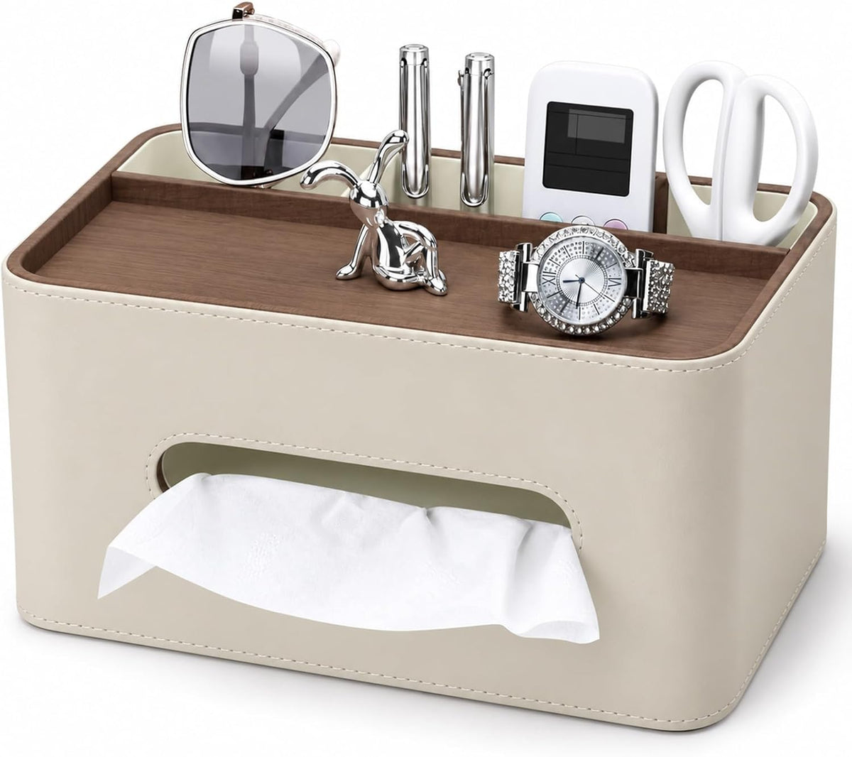 PU Leather Rectangle Tissue Box Cover with Storage Organizer, White