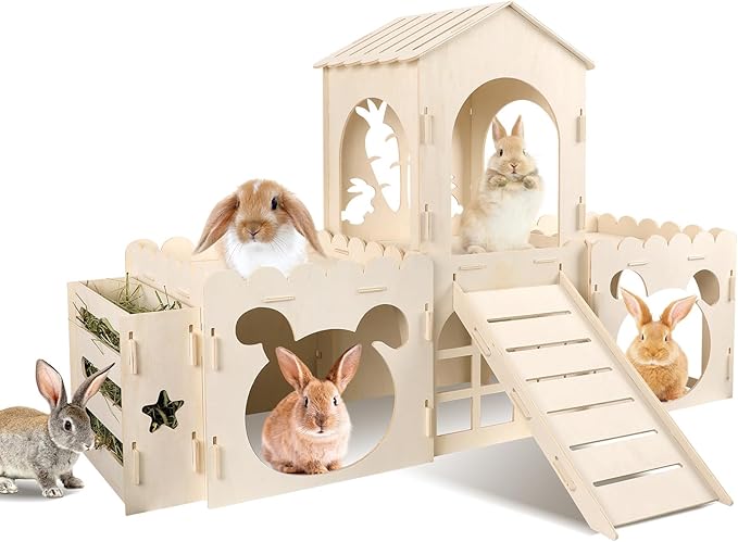 Large Rabbit Castle, Wooden Bunny House & Hay Feeder, Detachable Rabbit Hideaway, Indoor Rabbit Castle with Ramp, Small Animal Houses & Habitats