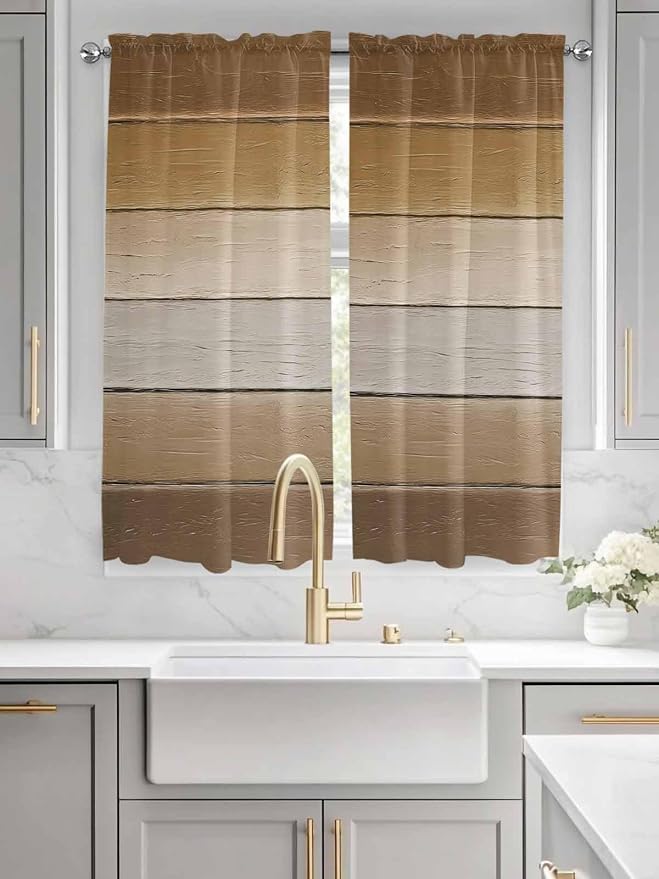 Vintage Brown Gradient Wood Grain Window Valance Curtains, Farmhouse Wood Barn
