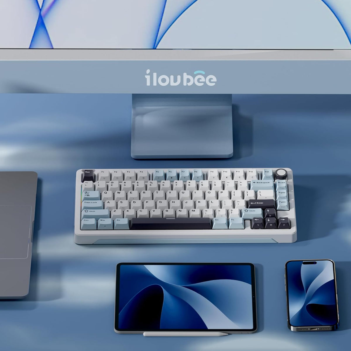 iLovBee B75 Wireless Mechanical Keyboard with Knob, Linear Switch, White