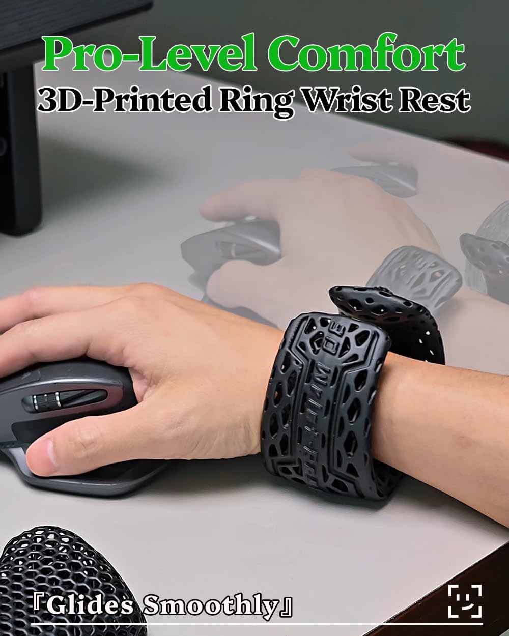 Mouse Wrist Rest Support, Wearable Wrist Cushion with Ergonomic Ring Design, 3D Printed Honeycomb Palm Rest, Breathable & Washable Resin Wrist Support for Gaming, Office, Laptop & Computer Work