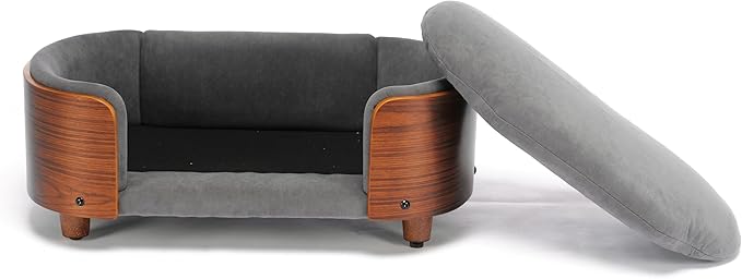 Scandinavian Style Elevated Dog Bed, Pet Sofa with Solid Wood Frame & Walnut Bent Wood Back, Orthopedic Support, Removable Washable Velvet Cover, Small Size, Dark Grey