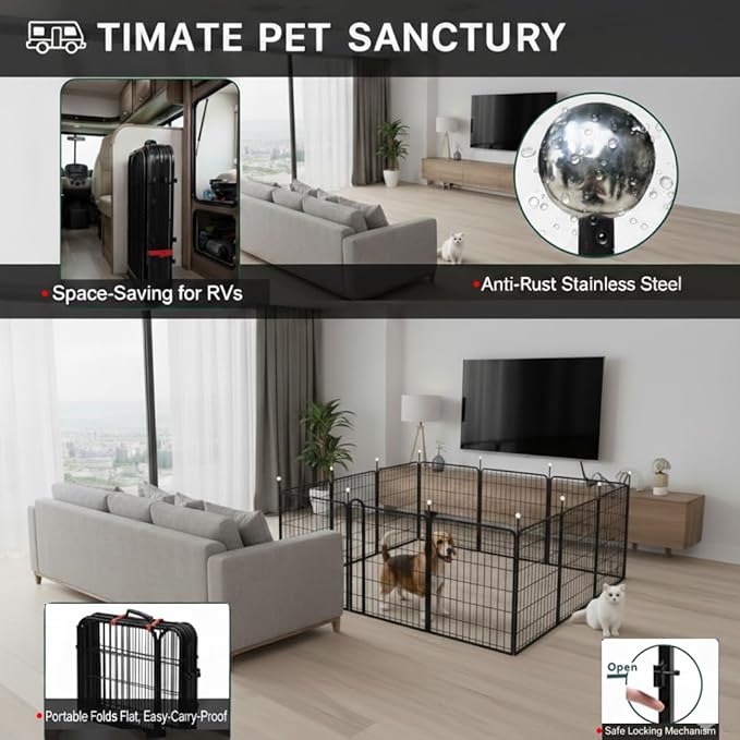 Dog Play Pen Indoors/Outdoor,32'' Portable Dog Fence with Easy-Carry Straps,12 Panels Dogs Pen Play Pen for Medium/Large Dogs,Rustproof Metal Pet Playpen for Camping RV Yard (with Two Doors)
