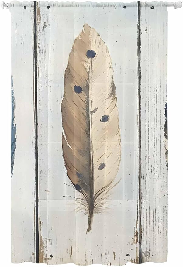 Sheer Curtains 84 Inches Long, Farmhouse Feather Semi Sheer Curtains Light
