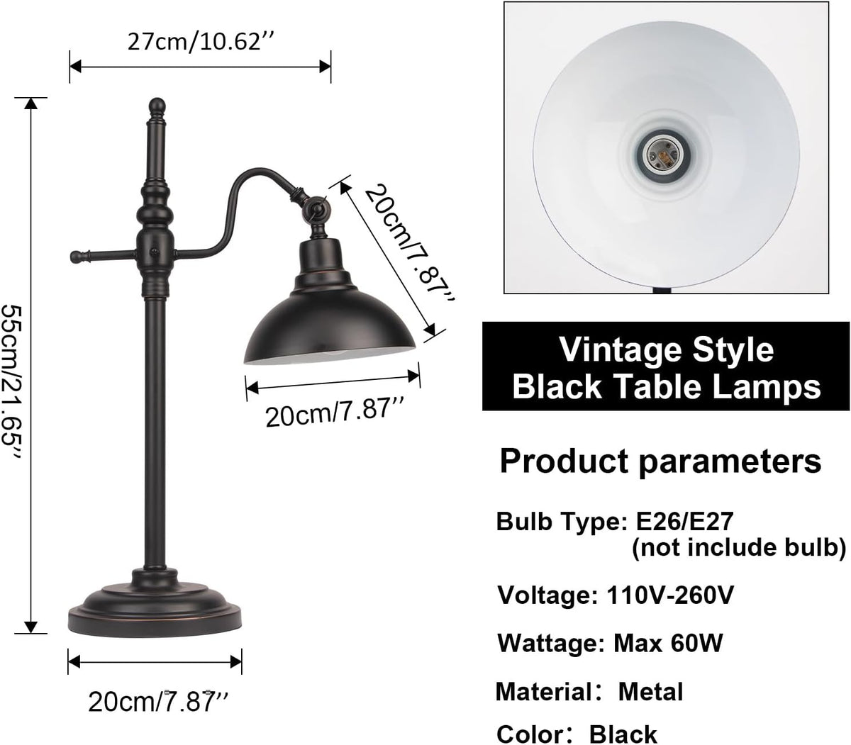 Black Farmhouse Desk Lamp, Industrial Metal Eye-Caring Table Lamp,Vintage Desk Lamp for Home Office Living Room Dorm