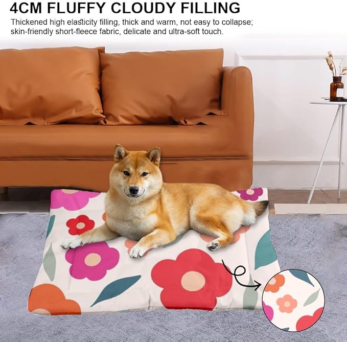 Retro Botanical Floral Machine Washable Dog Bed. Kennel Mats for Crates Dog Pad for Crate Crate Cushion Cages Washable Non-Slip Pet Bed Sturdy Mat Dogs Little Indoor Outdoor 24X18 Inch