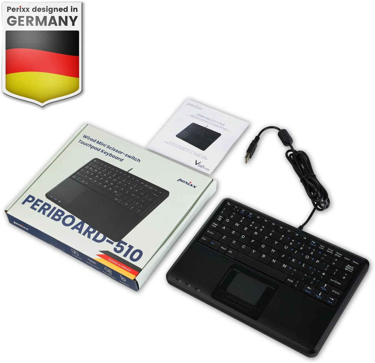 Perixx PERIBOARD-510H Plus, Wired Super Mini USB Touchpad Keyboard, X Type Scissor Keys with 2 Built-in Hubs, Black, US English Layout (11005)