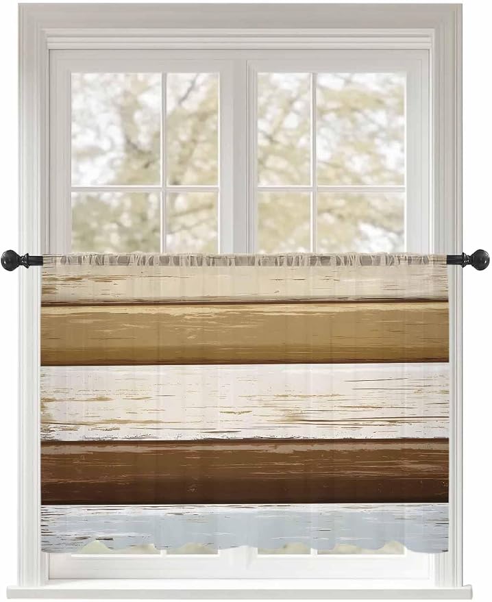 Sheer Curtains 54 Inch Length, Wood Grain Brown Semi Sheer Curtains Light