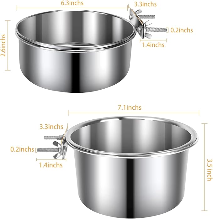 2 Pcs Large Pet Dog Food Water Bowl for Cage Stainless Steel Non-Spill Kennel Hanging Cats Bowls with Clamp Holder Crate Feeder Dish for Medium Large Dogs Huge Pets (7.1x3.5'' & 6.3x2.6'')