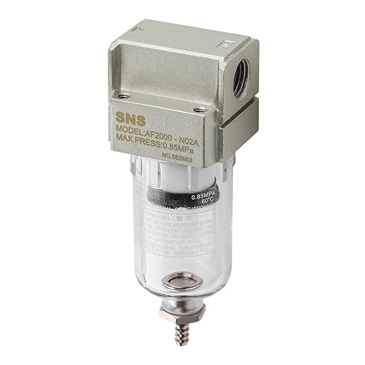 SNS 1/4" NPT Compressed Air Line Filter, 5 Micron Brass Element, Poly Bowl
