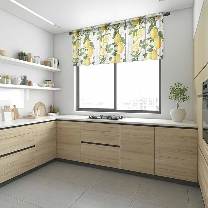 Spring Summer Lemon Sheer Valance Curtains, Leaf Flower White Wood Grain Light