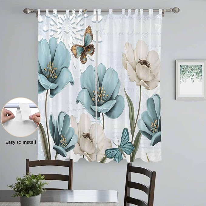 Blue Tulips Living Room Curtains 96 Inch Length, Window Curtains Tab Top
