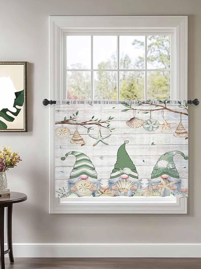 Sheer Curtains 54 Inch Length, Sage Green Gnomes Semi Sheer Curtains Light