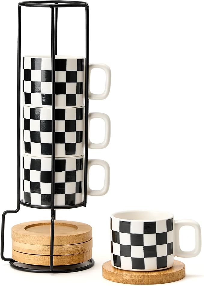 LUKA Porcelain Stackable Black and White Checkered Espresso Cups