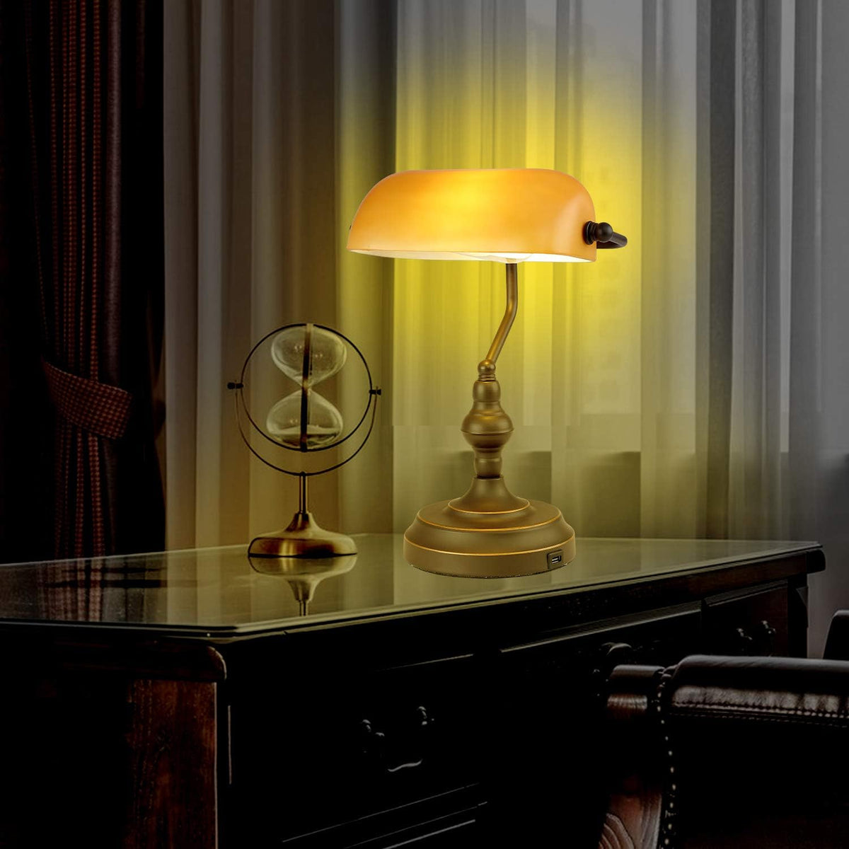 Amber Glass Bankers Desk Lamp, Touch Control