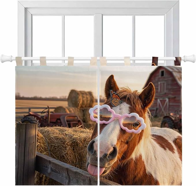 Farm Horses Kitchen Curtains 45 Inch Length, Short Cafe Window Curtains Tab Top