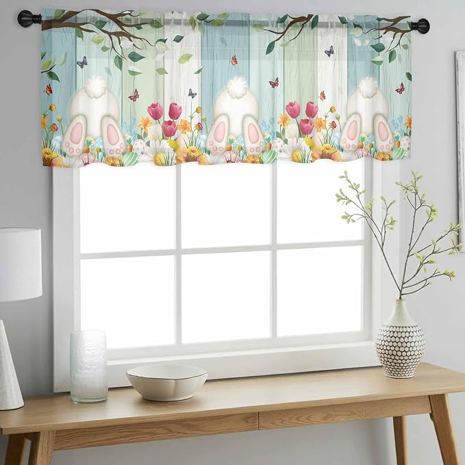 Easter Sheer Valances for Windows 42"x12", Light Filtering Kitchen Curtains