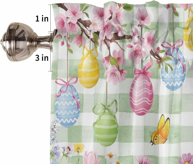 Happy Easter Half Window Curtain 36 Inches Long, Spring Bunny Eggs Flower Sage