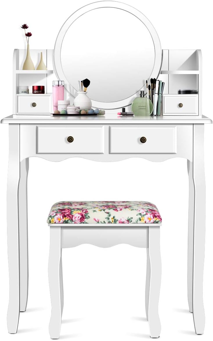 DORTALA Vanity Table Set with Round Mirror, Makeup Desk with Cushioned Stool, 4 Drawers & 2 Shelves, Makeup Organizer, Vintage Dressing Table for Bedroom, Best Gift for Women and Girls, White