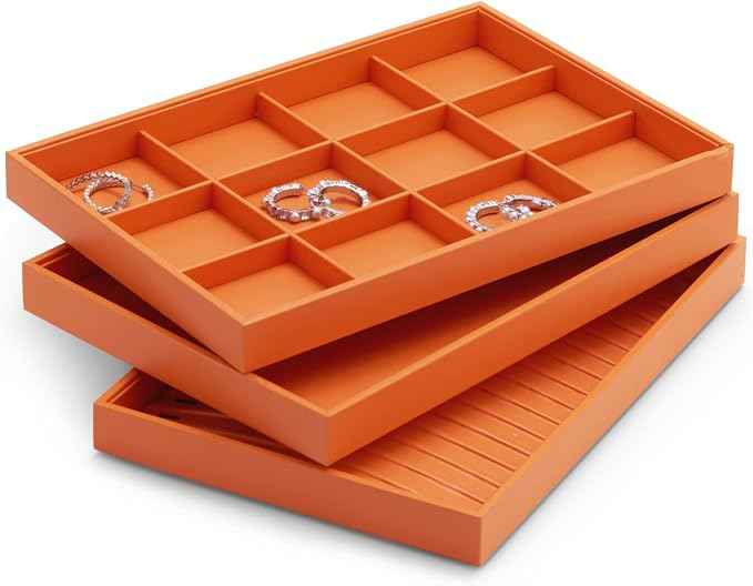 Oirlv Luxury Leather Jewelry Tray Orange Stackable Jewelry Drawer Organizer