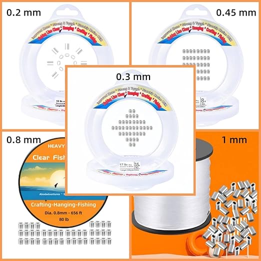 Aboda Clear Fishing Line 50 lb Dia 0.65 mm Strong Fishing Wire Clear String for Hanging Decorations Invisible Nylon String for Crafts Balloon Picture Hanging with Crimp Sleeves
